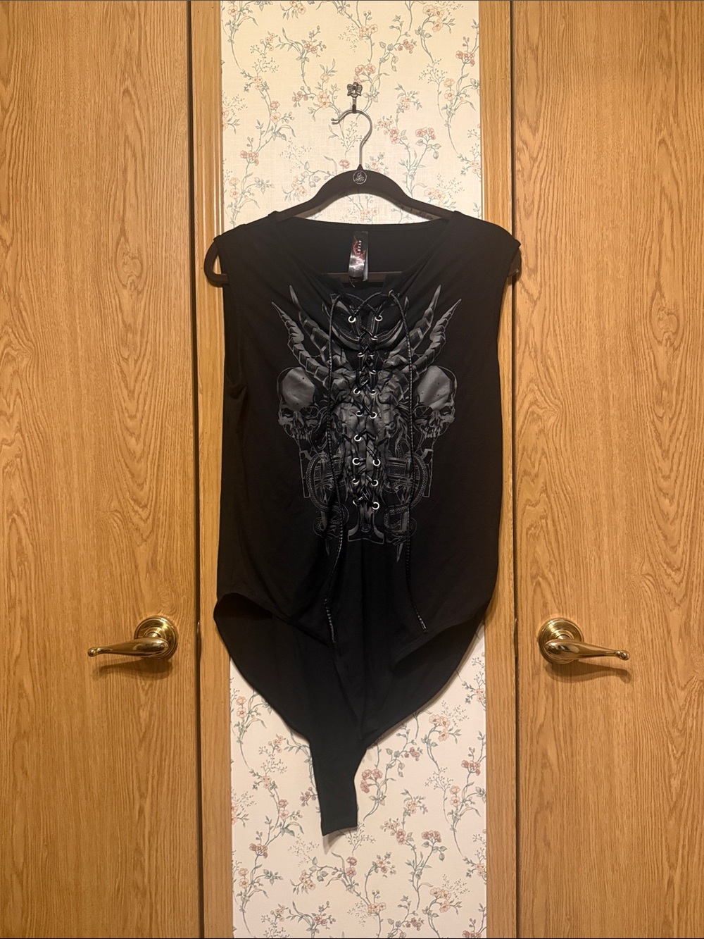 Killstar Black Gothic Lace-Up Skull Graphic Bodysuit